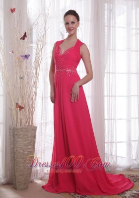 Red Empire Brush Sweep Beading Chiffon Prom Dress