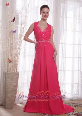 Red Empire Brush Sweep Beading Chiffon Prom Dress