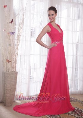 Red Empire Brush Sweep Beading Chiffon Prom Dress