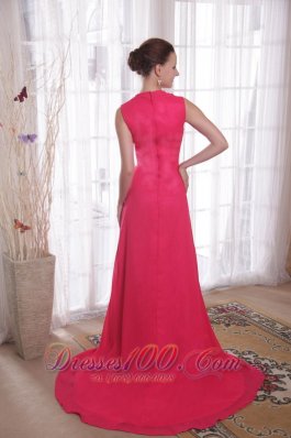 Red Empire Brush Sweep Beading Chiffon Prom Dress