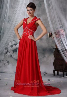 V-neck Beaded Ruched Red Chiffon Prom Evening Dress