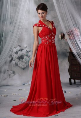 V-neck Beaded Ruched Red Chiffon Prom Evening Dress