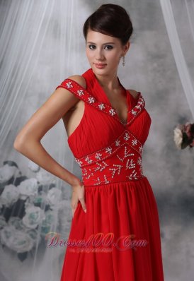 V-neck Beaded Ruched Red Chiffon Prom Evening Dress