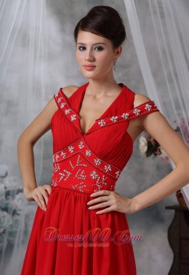 V-neck Beaded Ruched Red Chiffon Prom Evening Dress