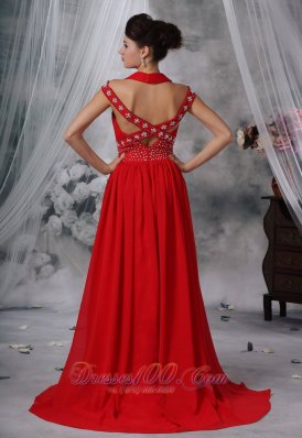 V-neck Beaded Ruched Red Chiffon Prom Evening Dress