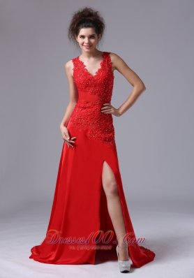 Chiffon Beading Sweep V-neck Red Prom Celebrity Dress