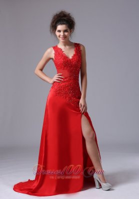 Chiffon Beading Sweep V-neck Red Prom Celebrity Dress