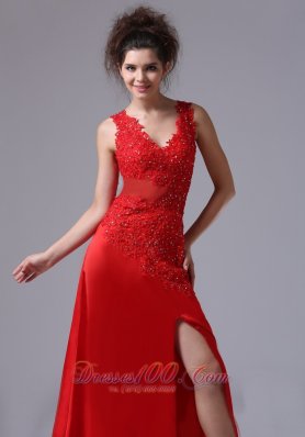 Chiffon Beading Sweep V-neck Red Prom Celebrity Dress