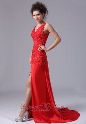 Chiffon Beading Sweep V-neck Red Prom Celebrity Dress