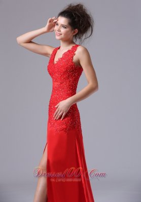 Chiffon Beading Sweep V-neck Red Prom Celebrity Dress