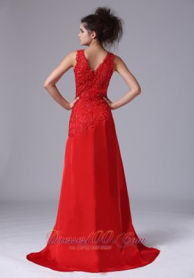 Chiffon Beading Sweep V-neck Red Prom Celebrity Dress