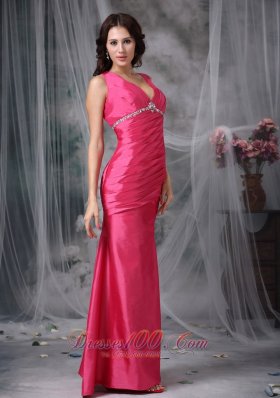 Hot Pink Column V-neck Taffeta Beading Prom Dress