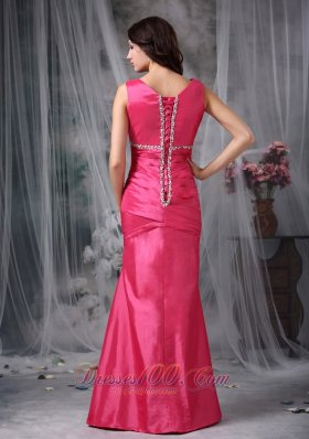 Hot Pink Column V-neck Taffeta Beading Prom Dress