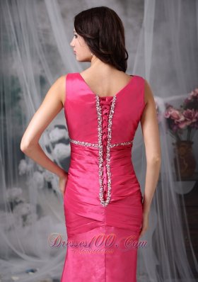 Hot Pink Column V-neck Taffeta Beading Prom Dress