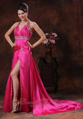 Hot Pink Prom Cocktail Dress Halter Beaded Ruched