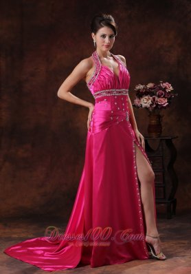 Hot Pink Prom Cocktail Dress Halter Beaded Ruched