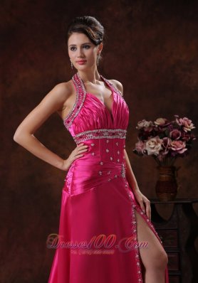 Hot Pink Prom Cocktail Dress Halter Beaded Ruched