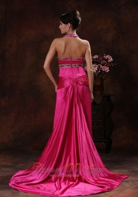 Hot Pink Prom Cocktail Dress Halter Beaded Ruched