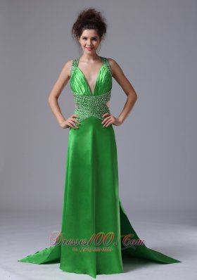 Spring Green Column V-neck Taffeta Prom Dress