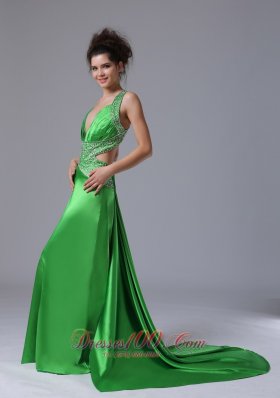 Spring Green Column V-neck Taffeta Prom Dress