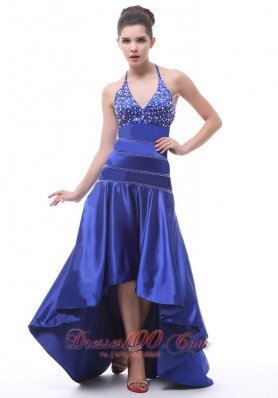 Halter Beaded A-line High-low Royal Blue Prom Dress