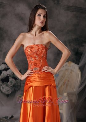 Modest Orange Red Prom Dress Strapless Taffeta Beading