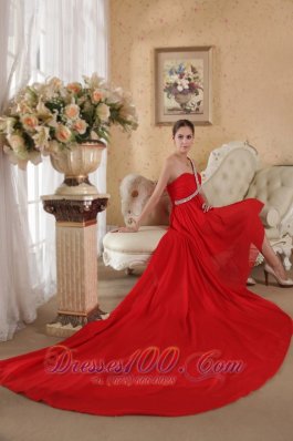 Red Empire One Shoulder Train Chiffon Beading Prom Dress