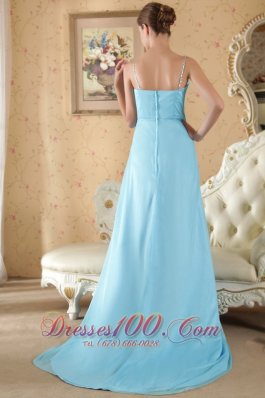 Aqua Column Sheath Brush Train Beading Prom Evening Dress