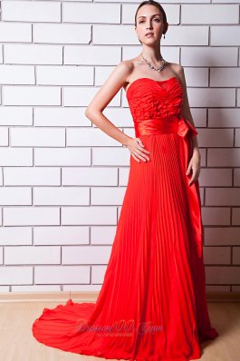 Red Column Strapless Prom Celebrity Dress Chiffon Pleat