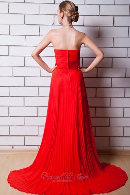 Red Column Strapless Prom Celebrity Dress Chiffon Pleat