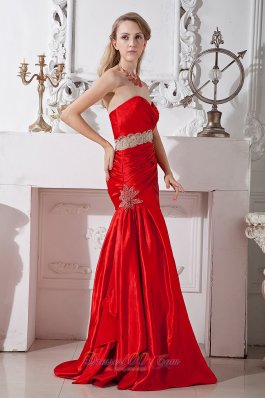 Red Mermaid Sweetheart Beading Prom Pageant Dress Taffeta