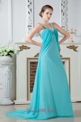 Aqua Blue Empire Chiffon Ruch Beading Prom Dress