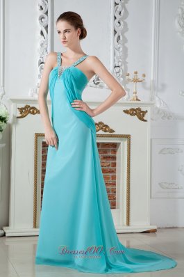 Aqua Blue Empire Chiffon Ruch Beading Prom Dress