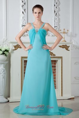 Aqua Blue Empire Chiffon Ruch Beading Prom Dress