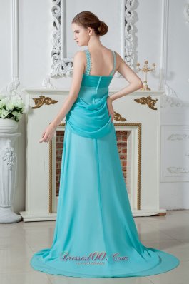 Aqua Blue Empire Chiffon Ruch Beading Prom Dress