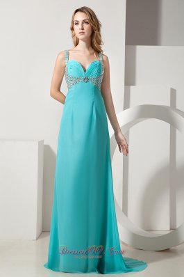 Aqua Blue Column Straps Chiffon Beading Prom Evening Dress
