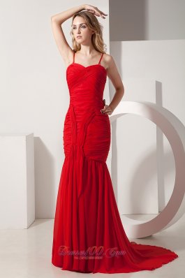 Fashion Red Mermaid Straps Chiffon Ruch Prom Dress