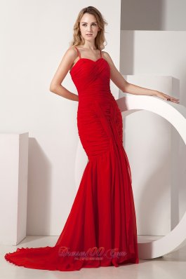 Fashion Red Mermaid Straps Chiffon Ruch Prom Dress