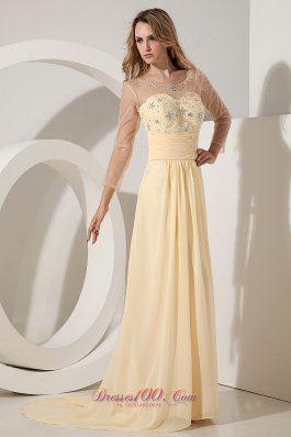 Yellow Empire Scoop Beading Prom Dress Train Chiffon