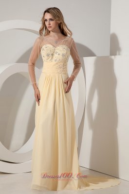 Yellow Empire Scoop Beading Prom Dress Train Chiffon