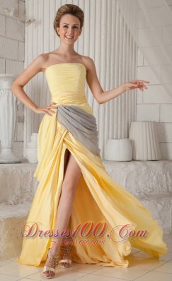 Yellow Empire Strapless Train Elastic Ruch Prom Evening Dress