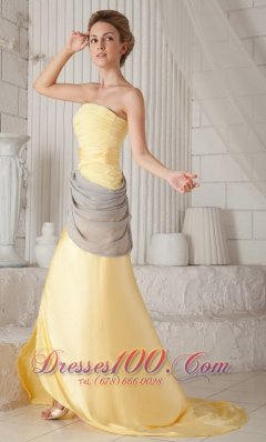 Yellow Empire Strapless Train Elastic Ruch Prom Evening Dress