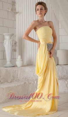 Yellow Empire Strapless Train Elastic Ruch Prom Evening Dress