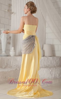 Yellow Empire Strapless Train Elastic Ruch Prom Evening Dress