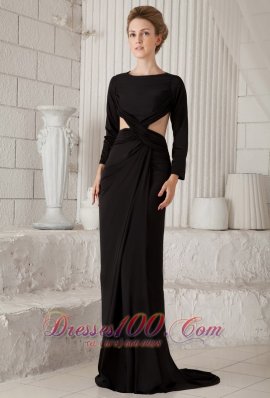 Black Column Scoop Chiffon Long Sleeves Prom Dress