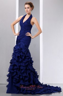 Navy Blue Mermaid Halter Prom Dress Chiffon Ruched