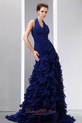 Navy Blue Mermaid Halter Prom Dress Chiffon Ruched