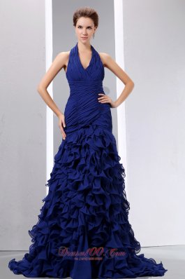 Navy Blue Mermaid Halter Prom Dress Chiffon Ruched