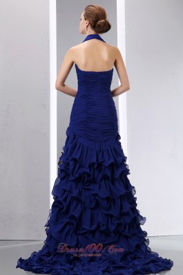 Navy Blue Mermaid Halter Prom Dress Chiffon Ruched