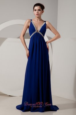 Peacock Blue V-neck Prom Dress Empire Chiffon Beading